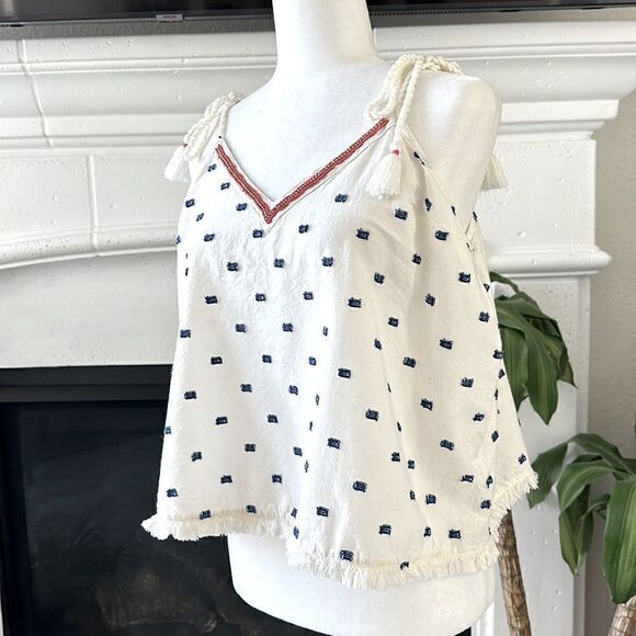 Aerie V Neck Raw Hem Tan Top Blue Stitching L Off White Red Rhinestone Boho - Picture 2 of 11